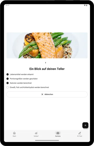 Fotoanalyse in KI-Kalorienzähler auf einem Android-Tablet