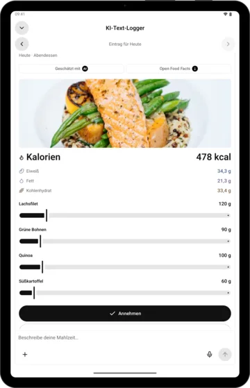Schätzung prüfen in KI-Kalorienzähler auf einem Android-Tablet