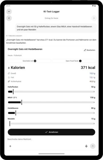 KI-Texterfassung in KI-Kalorienzähler auf einem Android-Tablet