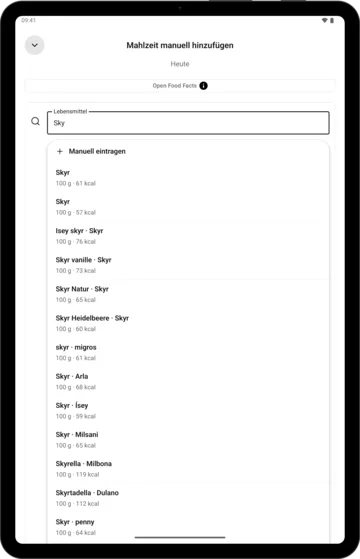 Lebensmittelsuche in KI-Kalorienzähler auf einem Android-Tablet