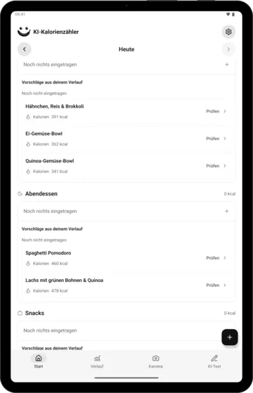 Essensvorschläge in KI-Kalorienzähler auf einem Android-Tablet