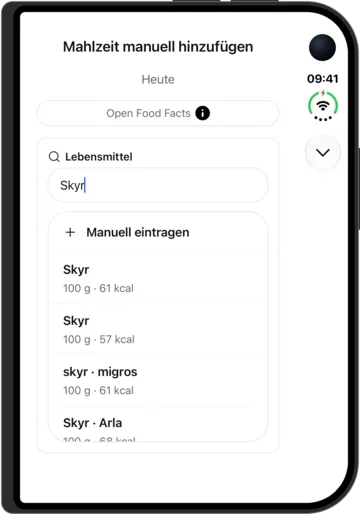 Lebensmittelsuche in KI-Kalorienzähler auf dem iPhone Duo