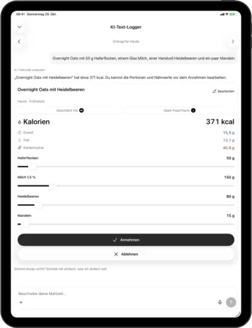 KI-Texterfassung in KI-Kalorienzähler auf dem iPad