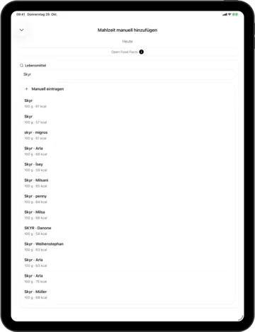Lebensmittelsuche in KI-Kalorienzähler auf dem iPad