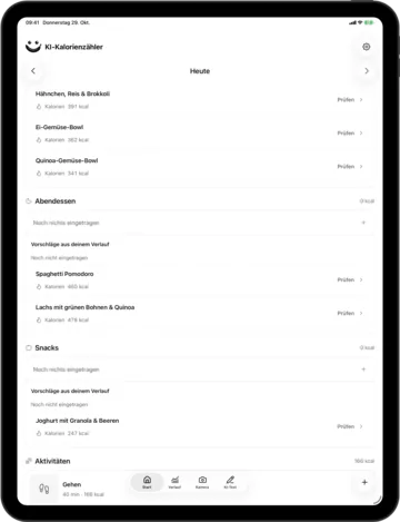 Essensvorschläge in KI-Kalorienzähler auf dem iPad